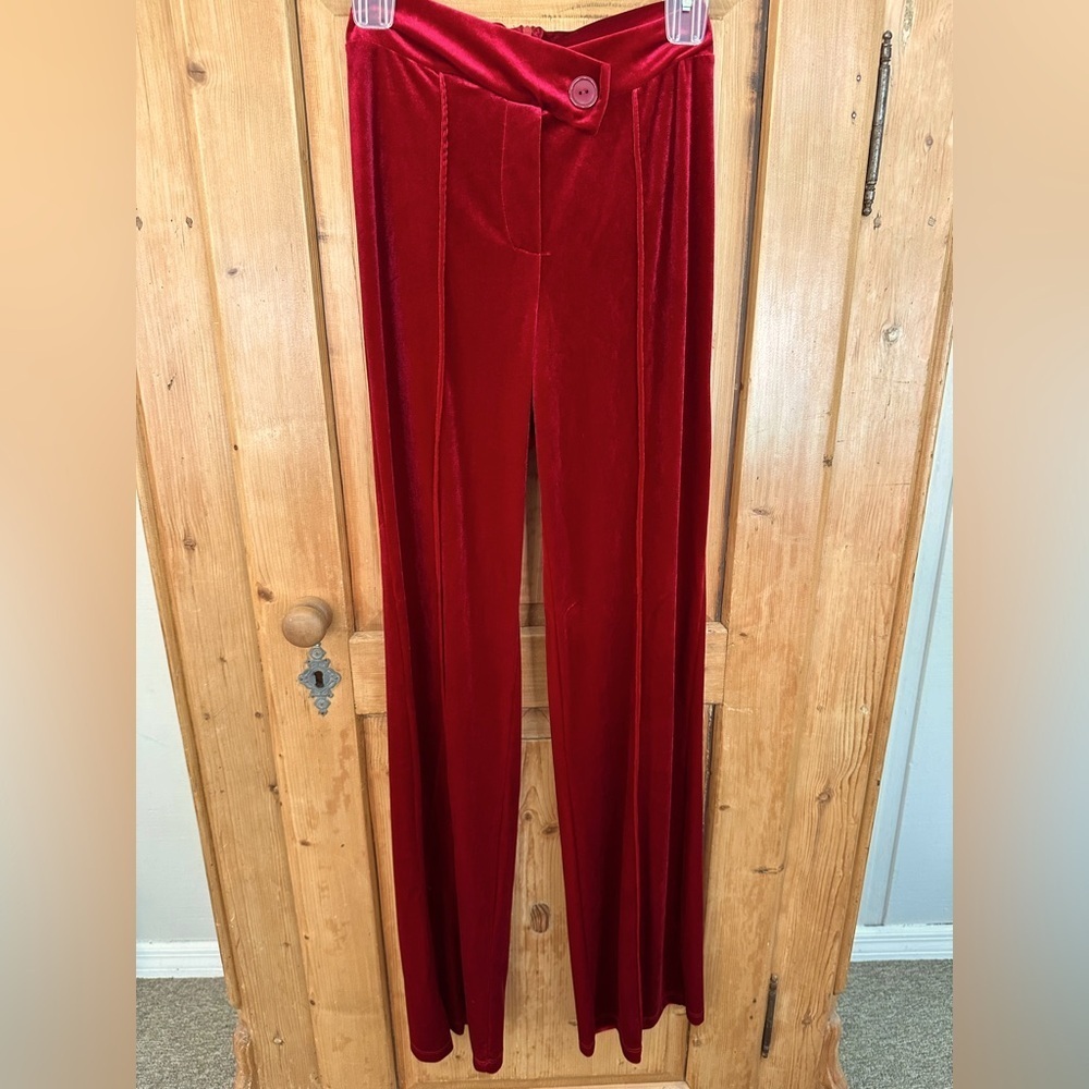 Fashion Nova Red Velour Trousers Size Small-Long Edgy Paris Formal Sexy CEO